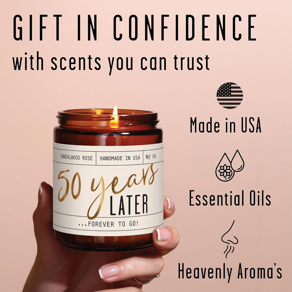 50th Wedding Anniversary Gifts, 50th Anniversary Gifts for Couple - '50 Year Later' Candle, w/Sandalwood Rose - infused w/Essential Oils I 50 Year Anniversary Gifts for Wife I 50Hour Burn I USA Made