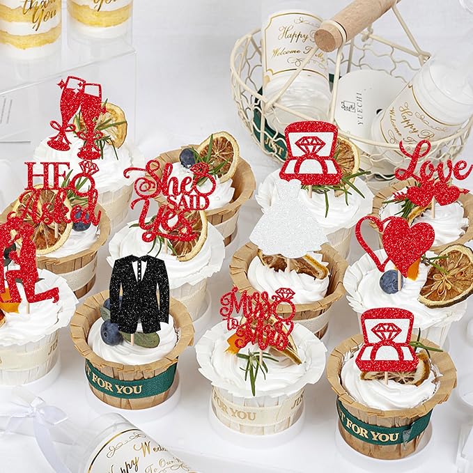 30 Pack Bride to be Cupcake Toppers Glitter Diamond Ring Love I Do Cupcake Picks Miss to Mrs He Asked She Said Yes Bridal Shower Wedding Engagement Bachelorette Cake Decorations Party Red