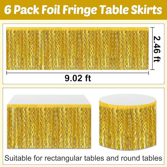 6 Pack 29x108 Inch Gold Wave Foil Fringe Table Skirts Metallic Banner for Tinsel Streamer Garland Backdrop for Parade Floats Mother's, Graduate, Mardi Gras, Birthday, Wedding Party Decorations