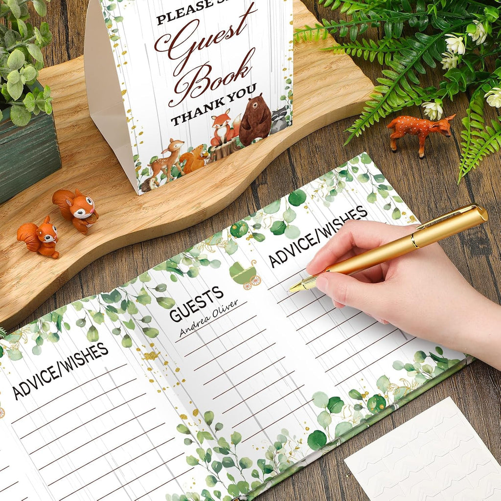 Fuyoooo 27 Pcs Woodland Animal Baby Shower Guest Book Set Baby Shower Sign in Guest Floral Book Place Table Cards with Gold Pen Adhesive Photo Corner for Birthday Party