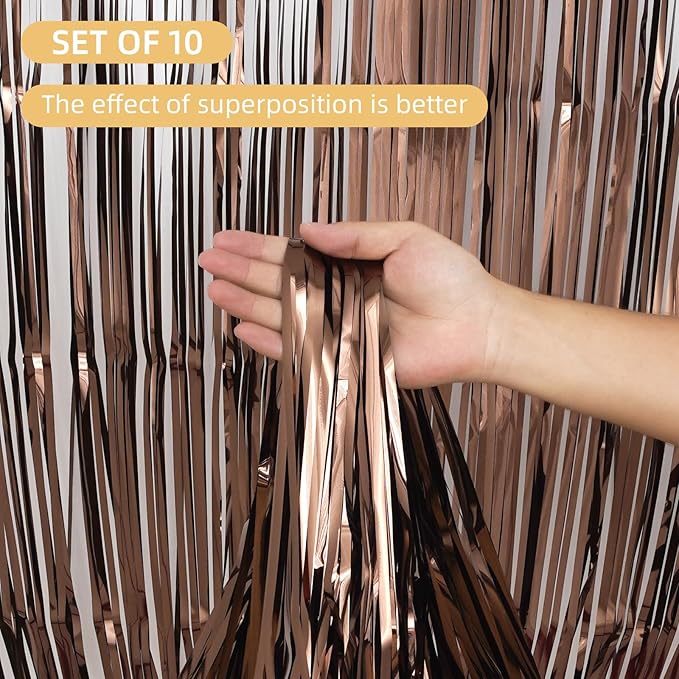 10 Pack Brown Backdrop Curtain 3.2ft x 8.2ft Metallic Tinsel Foil Fringe Curtains Photo Booth Background for Birthday Party Decoration Baby Shower Engagement Wedding Christmas Decoration (Brown)