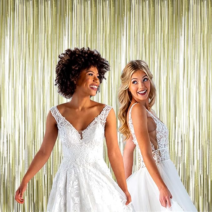 4 Pack Light Gold Foil Fringe Curtain Backdrop, 3.28Ft x 8.2Ft Metallic Tinsel Foil Fringe Streamer Curtains for Party, Photo Booth Props, Birthday, 2022 Graduation Party Supplies