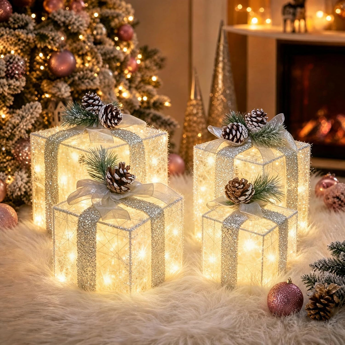set of 4 christmas lighted gift boxes, battery, main product view