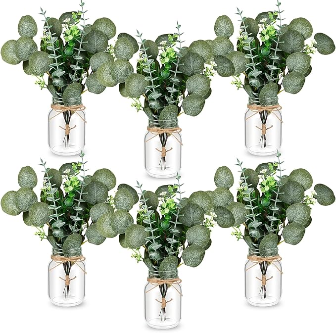 6 Set Centerpiece Table Decorations Mason Jar Table Centerpiece with Flower Mason Jar Wedding Centerpieces Vases Decor for Reception Engagement Party Bridal Shower (Eucalyptus)