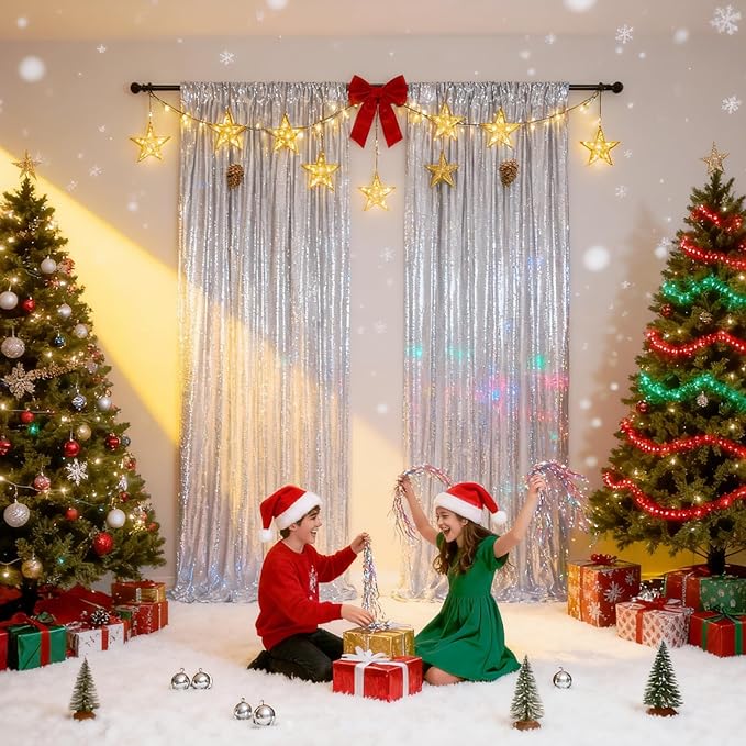 Silver Sequin Backdrop 2 Panels 2FTx8FT Christmas Party Backdrop Curtains Glitter Photo Background for Wedding Baby Shower Stage Decorations