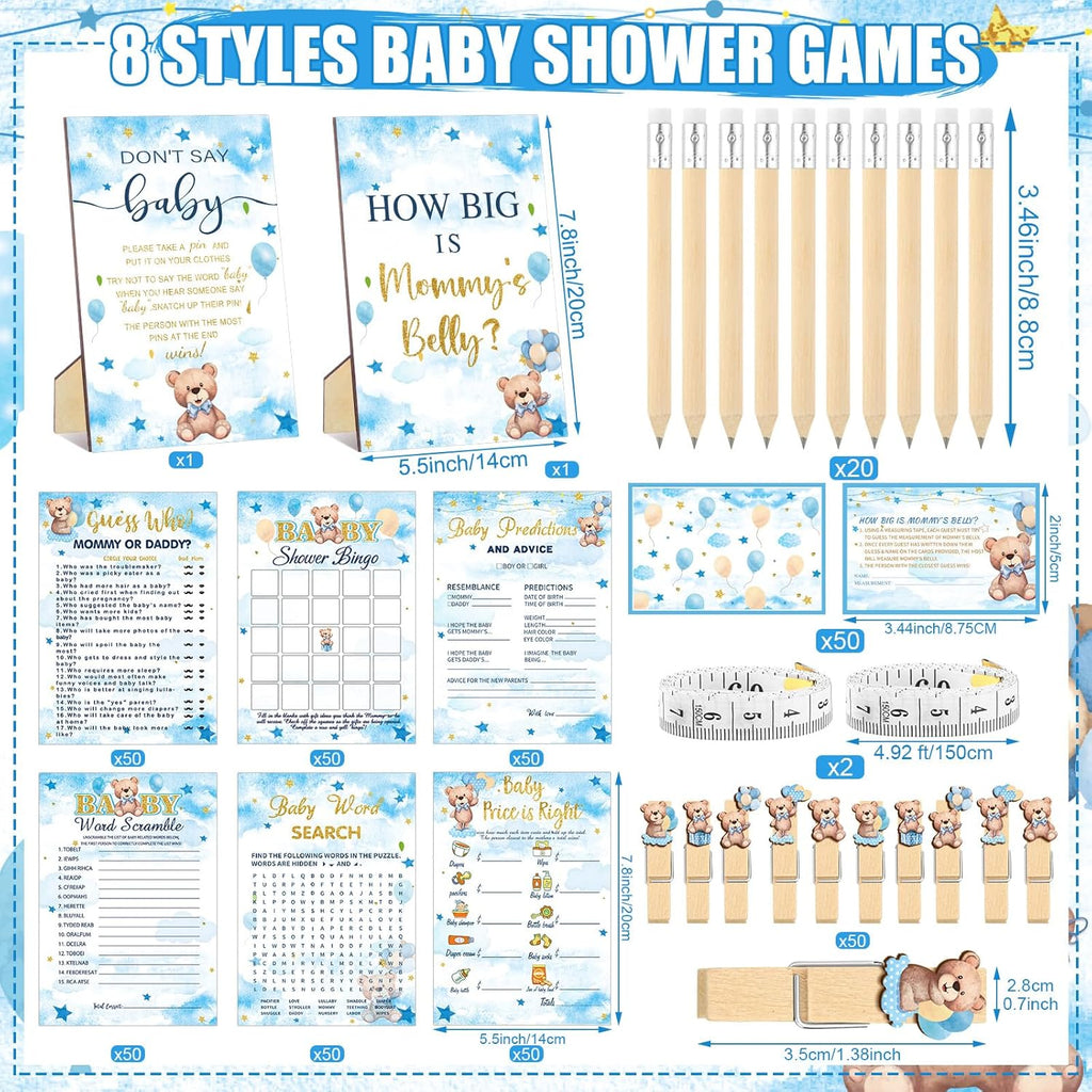 Funnymoom 426 Pcs Blue Theme Bear Baby Shower Decorations Games Set-8 Games Includes Bearly Wait Baby Shower Decorations Bingo Prediction and Advice How Big is Mommy's Belly Don't Say The Words
