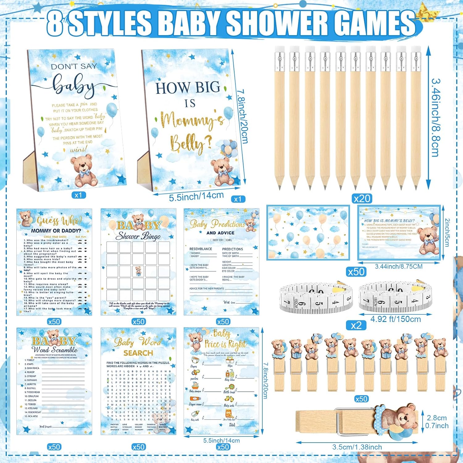 Funnymoom 426 Pcs Blue Theme Bear Baby Shower Decorations Games Set-8 Games Includes Bearly Wait Baby Shower Decorations Bingo Prediction and Advice How Big is Mommy's Belly Don't Say The Words