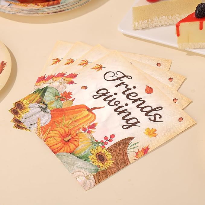 Friendsgiving Plates and Napkins Sets for 50 Guests, Thanksgiving Paper Plates and Napkins Party Supplies for Thanksgiving Friendsgiving Party Decorations