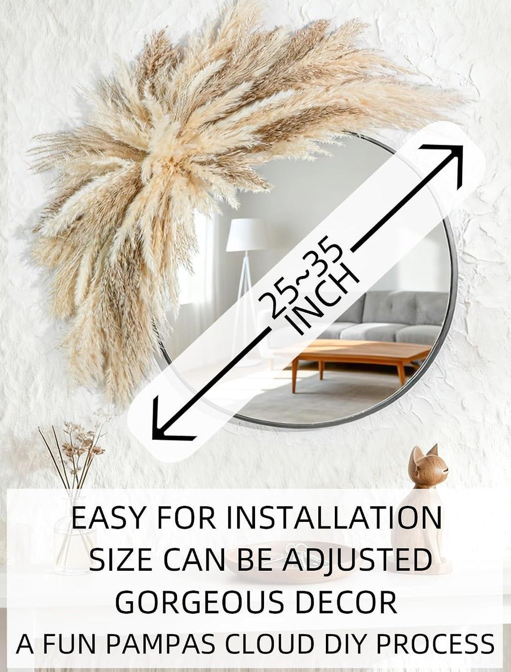 Fluffy Boho Wall Decor - DIY Pampas Grass Kits,Need to Assemble,Decorative Pampas Cloud,Mirror Decorative,for Entryway Bedroom Living Room Bathroom House Warming Gifts New Home Essential
