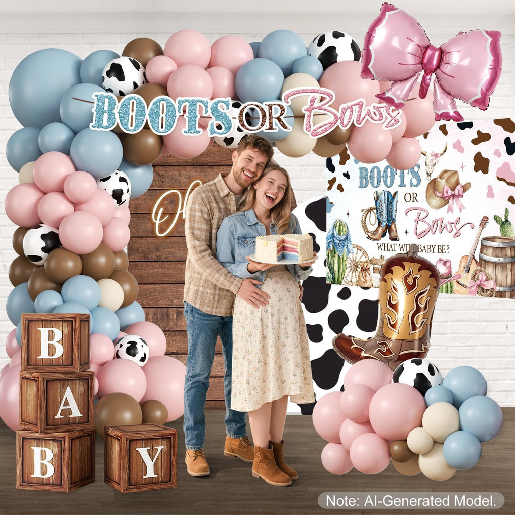 boots or bows gender reveal decorations set for shown in use