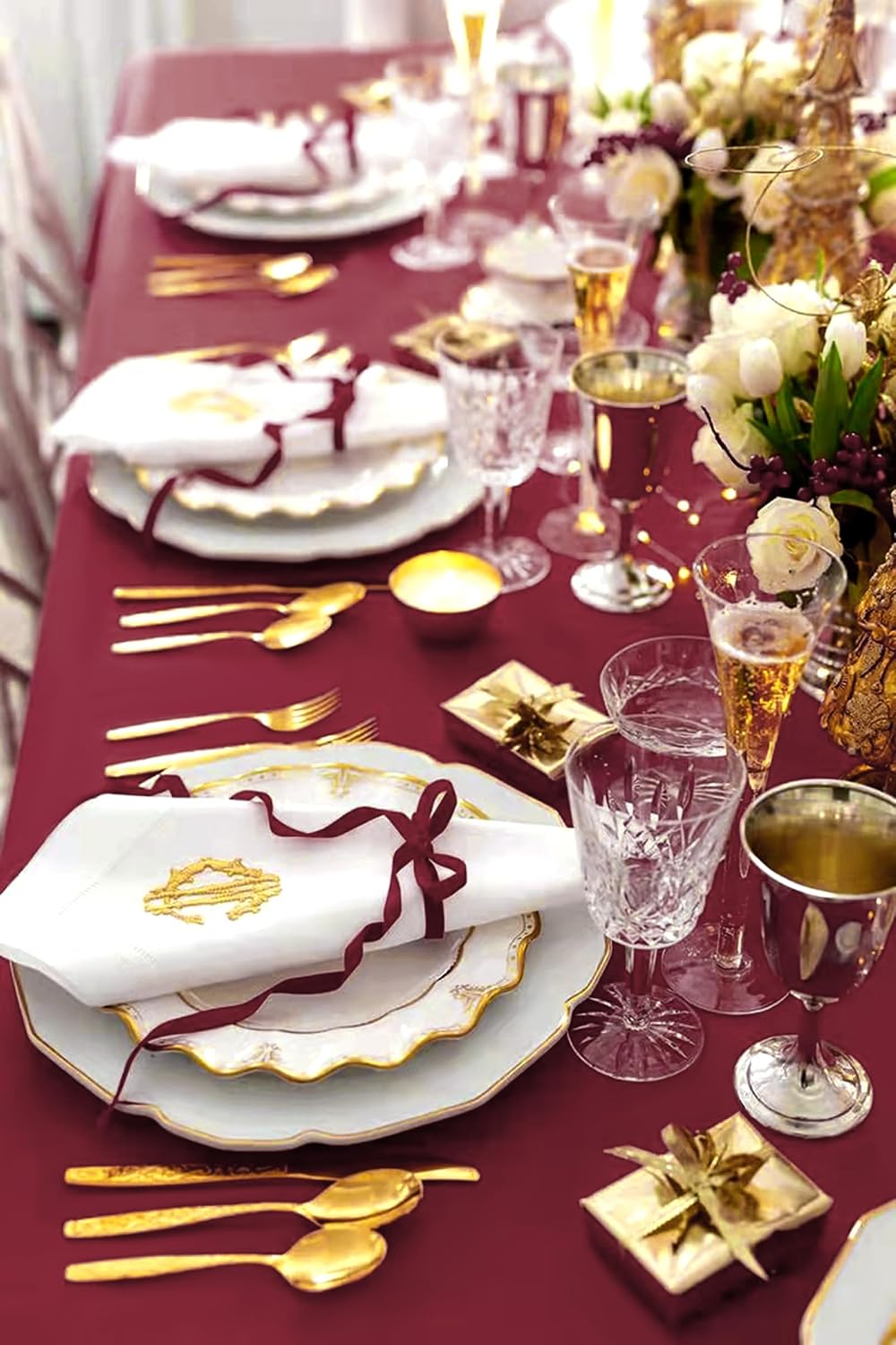 burgundy tablecloths for 8ft tables-60 x 126 inch, front angle view