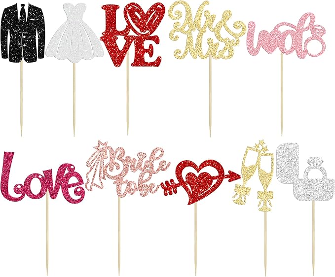 Ephlyn 30Pcs Bride to be Cupcake Toppers Glitter Wedding Cake Topper Decorations I Do Love Heart Ring Cupcake Picks for Bridal Shower Wedding Engagement Party Supplies Multicolor