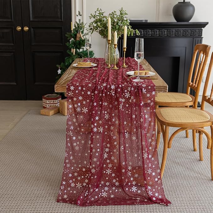 Silvery Snowflake Metallic Print Tulle Christmas Table Runner, Seasonal Winter Kitchen Dining Table Decoration for Home Party Decor 35x120 Inch (Burgundy)