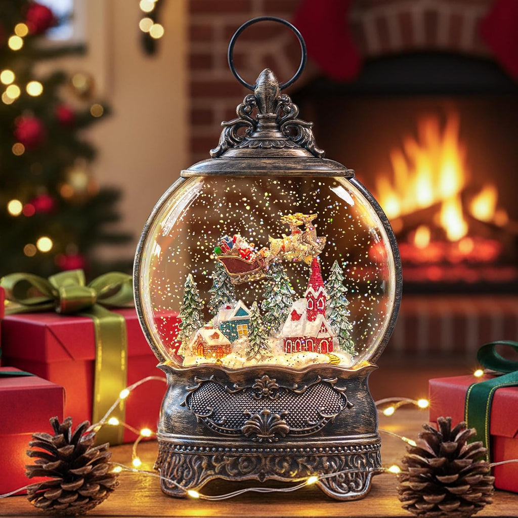 Christmas Snow Globe Lantern with Santa Claus Flying Reindeer, Lighted Swirling Glittering Snow Globes with Music & Timer, Christmas Decorations for Home Tabletop Indoor Gifts
