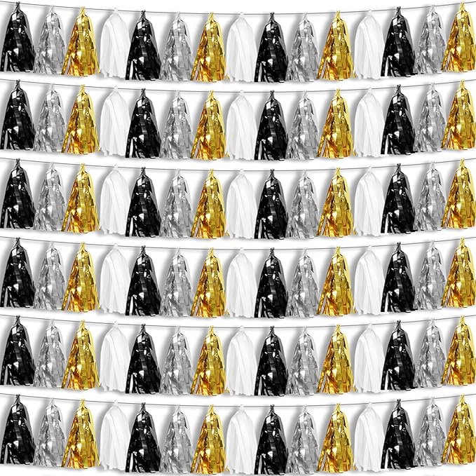 6P Black Gold Silver Foil Fringe Metallic Tassel Garland, Tassels Banner Streamers for Parade Floats, Bachelorette, Wedding, Birthday, Graduation, Christmas, Bridal/Baby Shower Party Decorations