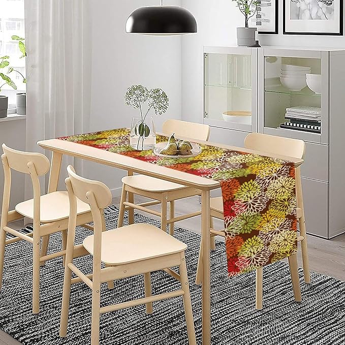 Brown Dahlia Floral Table Runner, Seasonal Autumn Thanksgiving Pattern Print for Home Kitchen Table Decor Dining Coffee Room Party Decor 13x90 Inch