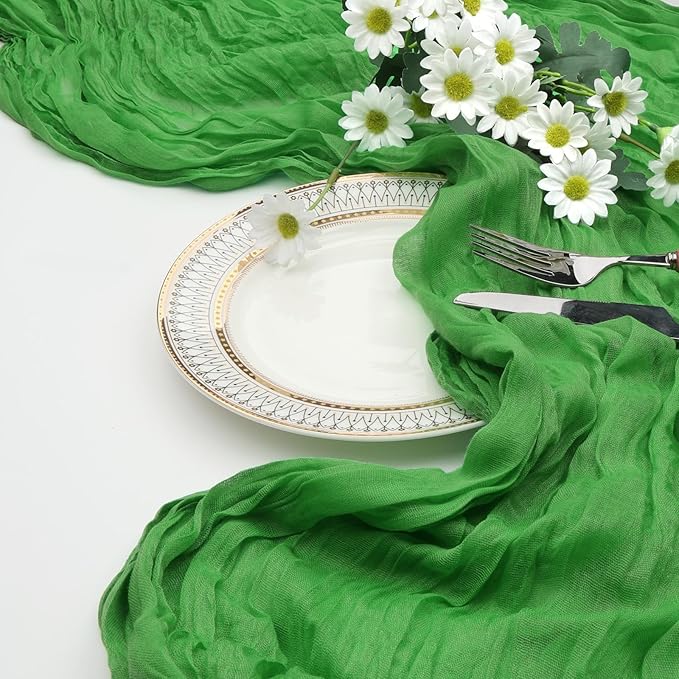 6 Pack Green Cheesecloth Christmas Table Runner 10ft Boho Gauze Fabric Cheese Cloth Table Runner 35 x 120 Inch Rustic Sheer Runner for Romantic Wedding Decor Baby Shower Party Centerpiece Decoration