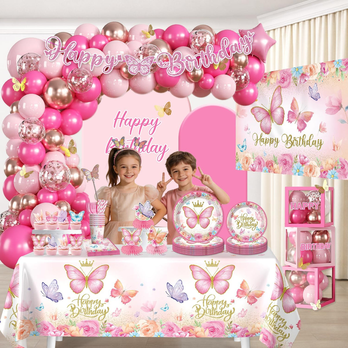 pink butterfly birthday decorations, all-in-one set for 25, package contents