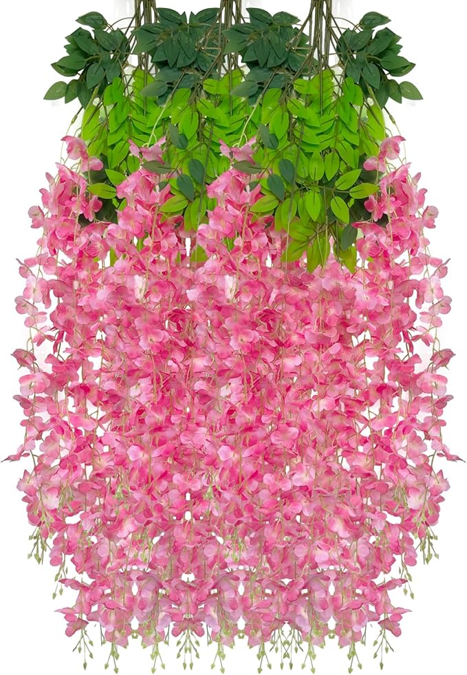 12 Pack Dark Pink Wisteria Hanging Flowers Garland, 3.77 Feet Artificial Flower Vines, Fake Wisteria, Artificial Vines Hanging Garland for Backdrop Outdoor Yard Garden Decor