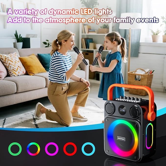 Karaoke Machine for Adults,Portable Karaoke Speaker with Two Wireless Microphones, 3.7v Speaker Supports TWS,Bluetooth,TF Card/USB, AUX in, REC, Bass & Treble for Home Party/Meeting