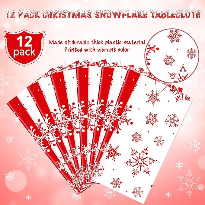 Jectivs 12 Pieces Christmas Snowflake Plastic Party Tablecloth Decorations,84 inch Disposable White Red Round Snowflake Xmas Table Cover Backdrop for Winter Christmas Holiday New Year Party Supplies