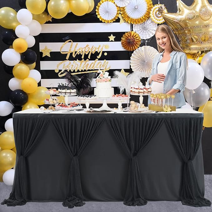 14ft Black Tulle Table Skirt for Rectangle Table or Round Tables Tutu Table Cloth for Birthday Party Baby Shower Wedding Parties Dessert Buffet Banquet Decorations