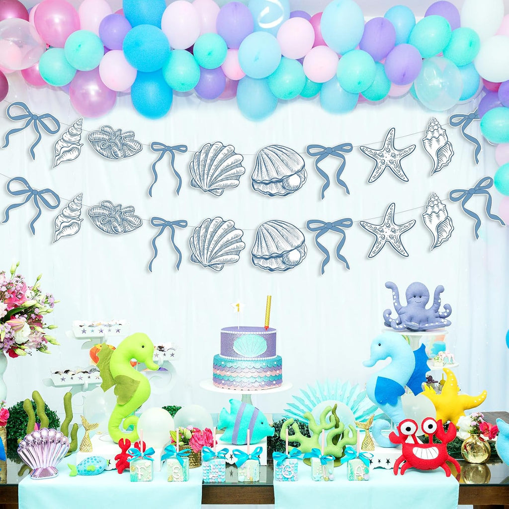 Oudain 2 Pack Blue Bow Starfish and Seashell Garland 6.56 ft Ocean Coastal Nautical Beach Party Paper Bow Hanging Banner for Under the Sea Summer Birthday Wedding Bachelorette Mermaid Baby Shower