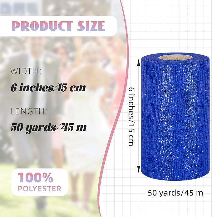 Glitter Tulle Rolls 6” by 50 Yards Sparkle Tulles Fabric Ribbon Sequin Tulle Netting Rolls for DIY Tutu Skirt Wedding Birthday Party Decoration (Royal Blue)