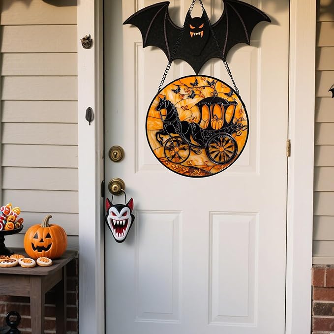 Stained Glass Window Hanging - Halloween Pumpkin Carriage Suncatcher for Doors Window Garden Indoor Spooky Funny Orange Sun Catchers Gothic Decor Horror Gifts for Women Men Friend 6.3 in