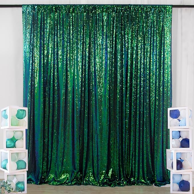 ShinyBeauty Iridescent Green Sequin Backdrop 10FTx10FT Photo Backdrops Green Blue Curtains 10FT Shimmer Fabric Backdrop Christmas, Happy Birthday, Studio Backgrounds