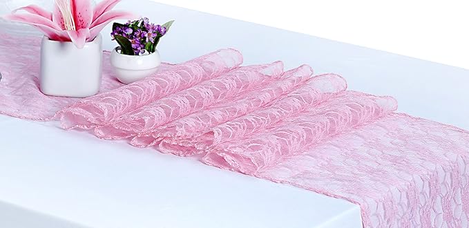 MDS Pack of 25 Wedding 12 x 108 inches Lace Table Runner for Wedding, Decorations for Birthday Parties, Banquets, Graduations, Engagements, and Runners fit Rectangle, Round Table- Blush Pink