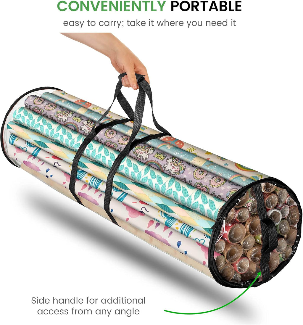 ZOBER Round Christmas Gift Wrapping Paper Organizer Storage - 40 Inch Gift Wrap Storage Containers - Wrapping Paper Holder, Clear PVC Waterproof, Fits 25 Standard Rolls - Black