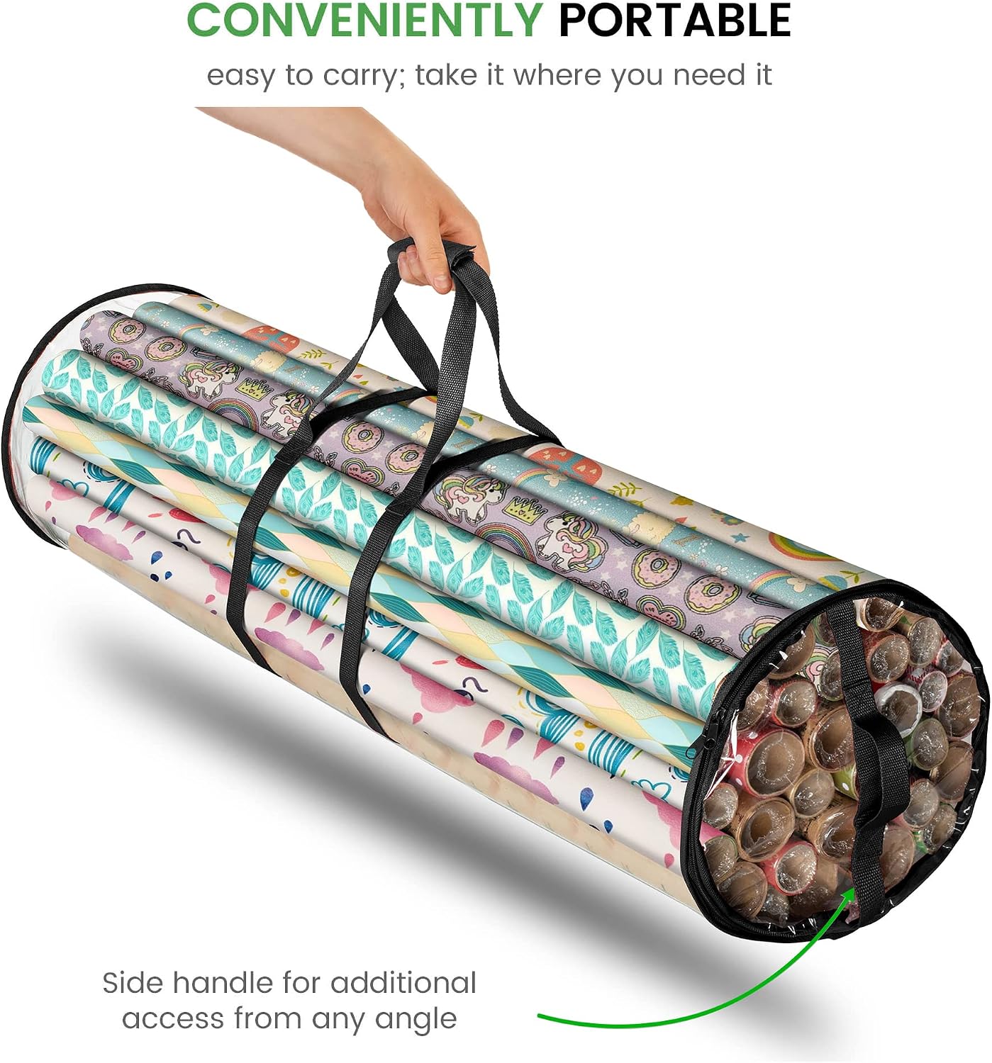 ZOBER Round Christmas Gift Wrapping Paper Organizer Storage - 40 Inch Gift Wrap Storage Containers - Wrapping Paper Holder, Clear PVC Waterproof, Fits 25 Standard Rolls - Black