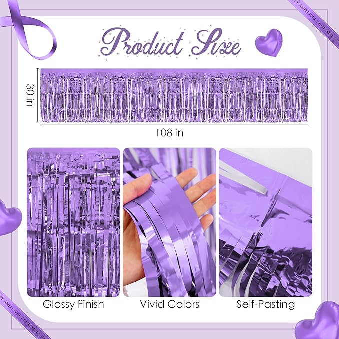 2 Pack Light Purple Table Skirts, 29x108" Metallic Foil Tinsel Fringe Table Skirts for Rectangle Tables Streamer Curtains Backdrop, Party Decorations for Birthdays Weddings Holidays