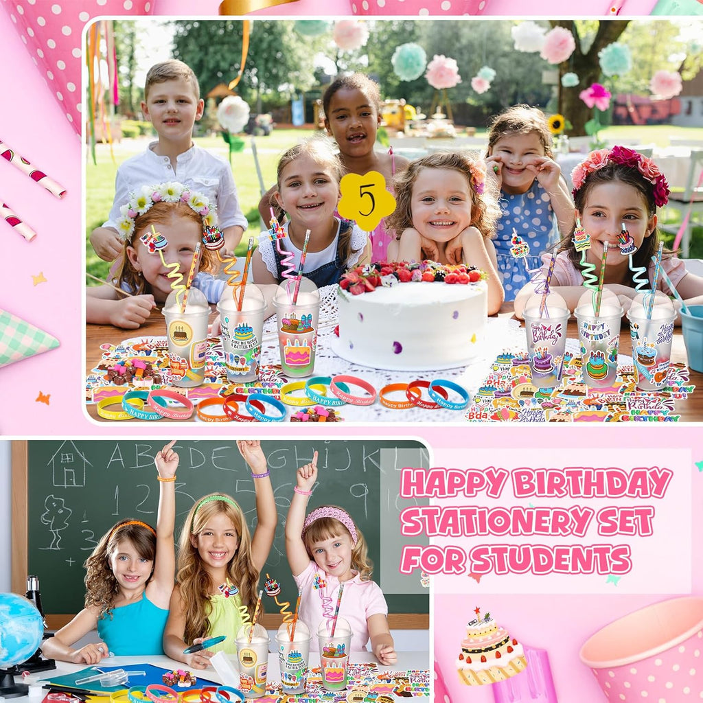 Baderke 24 Sets Birthday Gifts Party Favors Set Include Reusable Cups with Dome Lids Straw Decoration Pencil Heart Eraser Silicone Bracelet Stickers (Birthday A)