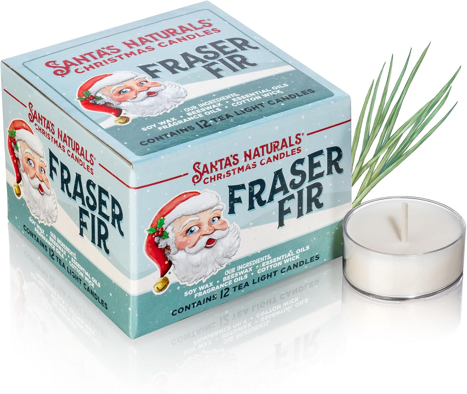 Santa's Naturals Fraser Fir Christmas Tea Light Candles, Pack of 12 | Soy & beeswax blend candles with fresh fir, cedar & cypress scent; up to 4-hour burn time each