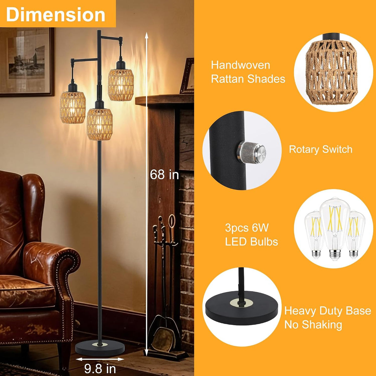 boho rattan tree floor lamp, black dimmable standing, side view