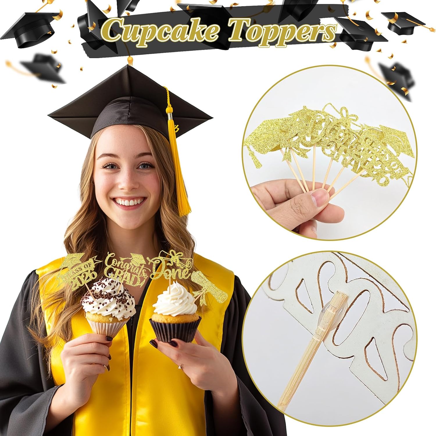 WILDREEDS 48Pcs 2026 Graduation Cupcake Toppers Class of 2026 Cupcake Picks Grad Cap Diploma Cake Decorations for 2026 Graduation Theme Party Cake Decorations Supplies-Gold