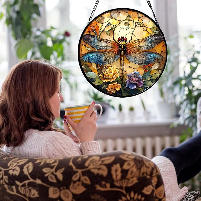 Stained Glass Window Hanging - Orange Blue Dragonfly Flower Suncatcher for Doors Window Home Sun Catchers Decor Christmas Mother's Day Birthday Outdoor Gifts for Women Men Mom Nana 6.3 in