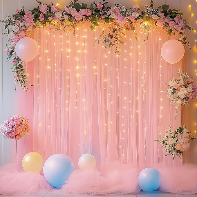 Tulle Backdrop Curtain with Lights String 10FT X 8FT Peach Sheer Tulle Backdrop Curtains for Wedding Birthday Party Reception Photo Booth Background Decorations (2 Panels 5x8FT)