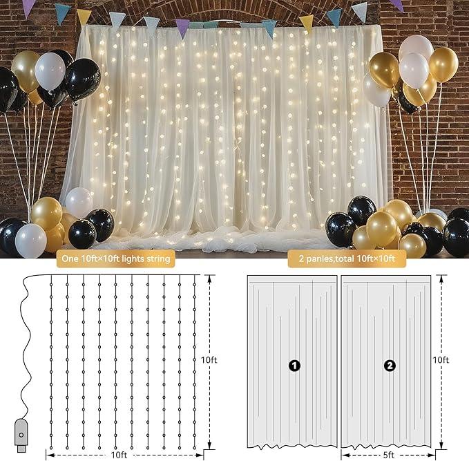 10×8ft Tulle Backdrop Curtains with Lights String - 300LED Fairy Lights Sheer Curtain Backdrop for Weddings Baby Shower and Birthday Party Decorations(8 Panels 5×8ft)