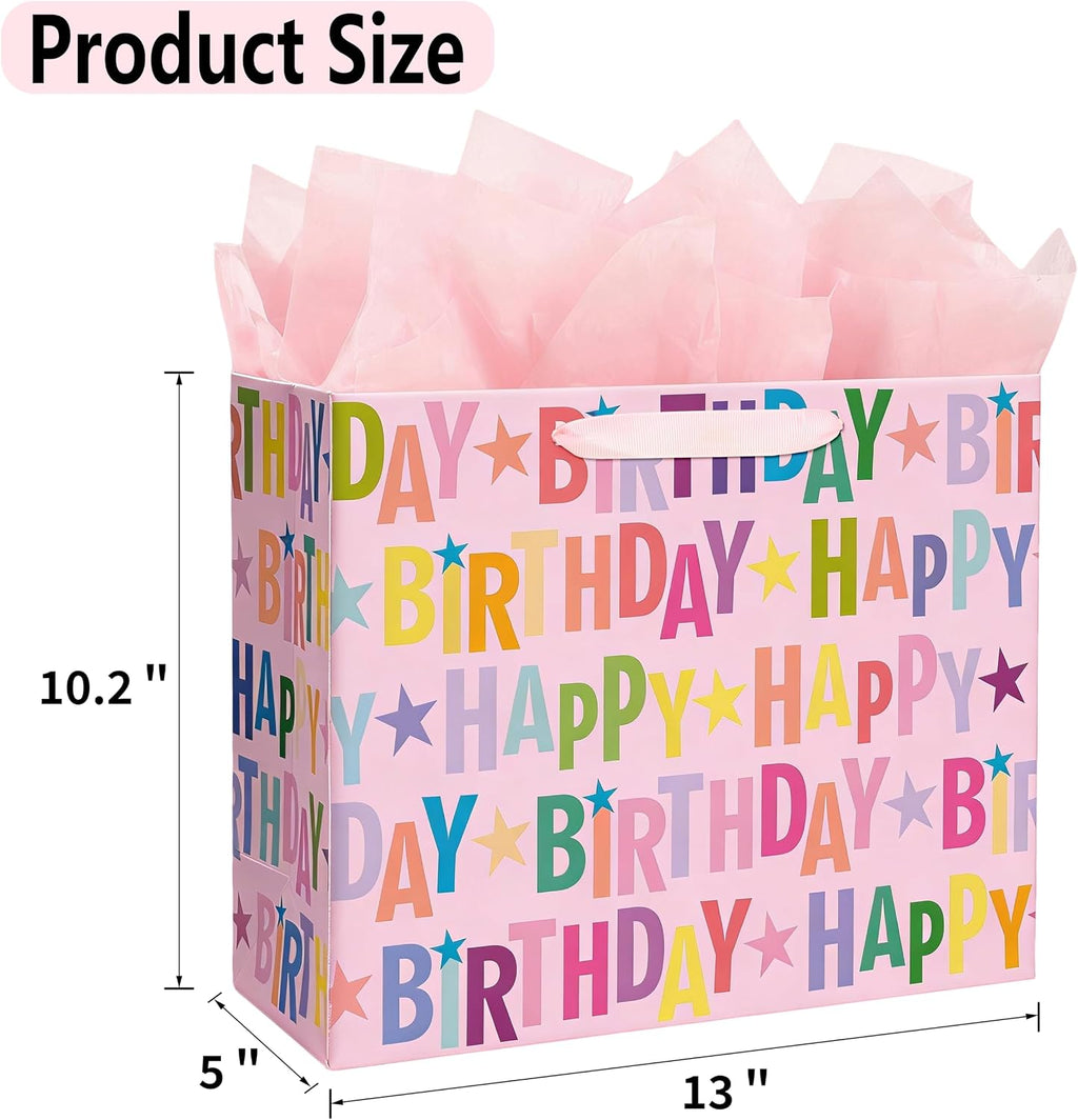 Yusenguan 13" Pink Happy Birthday Gift Bag, Colorful Lettering Design with Card, Tissue Paper and Sturdy Handles for Kids & Adults Birthday Parties