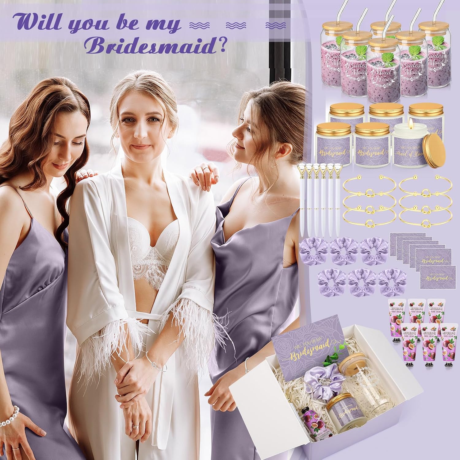 Teenyyou 60 Pcs Bridesmaid Proposal Gifts Bridesmaid Box Set, Maid of Honor Gifts Include Box Glass Cup Candle Cards Hair Ties Knotted Bracelets Hand Cream Diamond Pens (Purple)