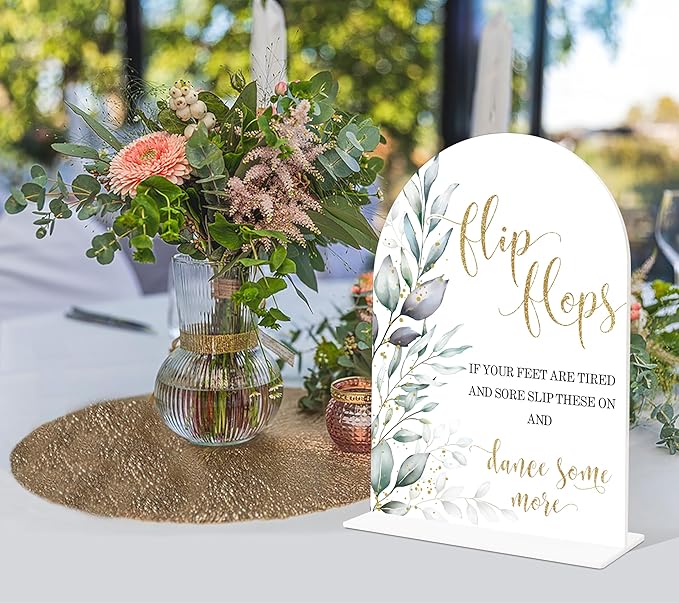 Acrylic Wedding Signs, Greenery Theme Flip Flops Sign, Wedding Reception Signage, Bridal Shower Table Decor with Stand, Engagement, Anniversary, Newlywed Events Supplies for Dance Floor Decor, 13