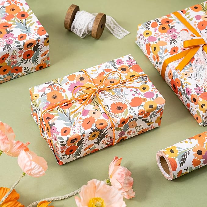 WRAPAHOLIC Kraft Floral Wrapping Paper Roll - Mini Roll - 17 Inch x 9.8 Feet - Bright Summer Flower Wrapping Paper, Perfect for Wedding, Birthday, Bridal Shower, Tea Party