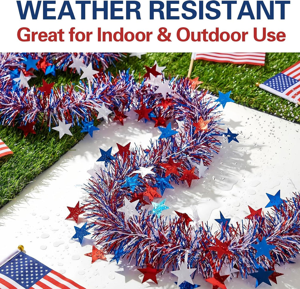 50 Ft Patriotic Glitter Tinsel Garland Decoration,4th of July Garland Decor for Car Tree Golf Cart Parade Float Bike,Independence Day Memorial Day Home Holiday Party Decor,Red White Blue