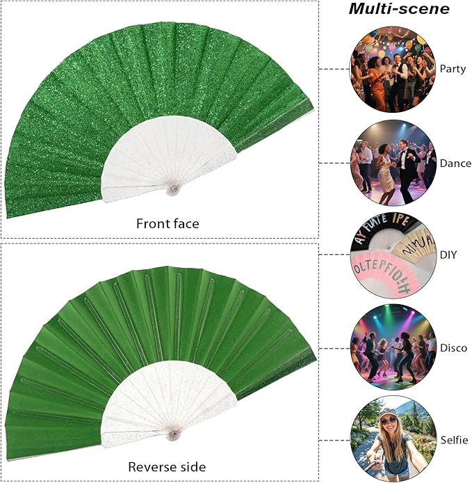 12 Pack Handheld Fan,Folding Hand Glitter fan with Shining Transparent Fan Rib – Ideal for Wedding, Church, Festival, Dance, Tea Party, Club, and EDM Accessories, Light green