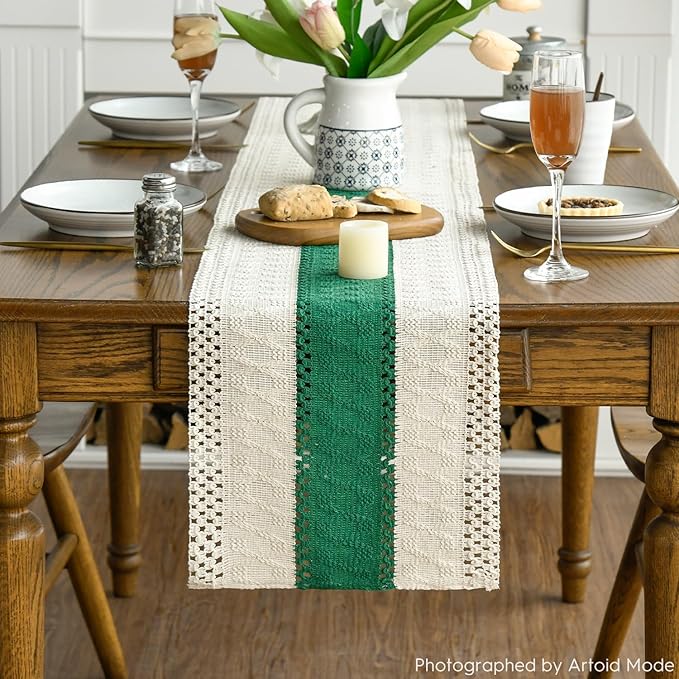 Artoid Mode Dark Green Farmhouse Rustic Table Runner, Seasonal Holiday Hollow Kitchen Dining Table Decoration for Home Party Decor 12x60 Inch
