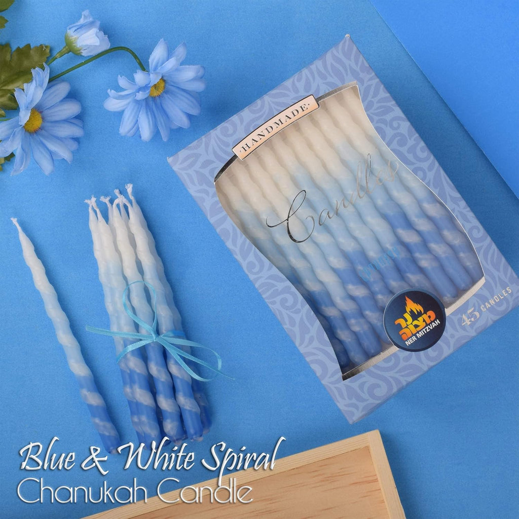 Ner Mitzvah Hanukkah Candles, Blue and White Spiral Dripless Chanukah Candle, Premium Quality Wax, 45 Candles for All 8 Nights