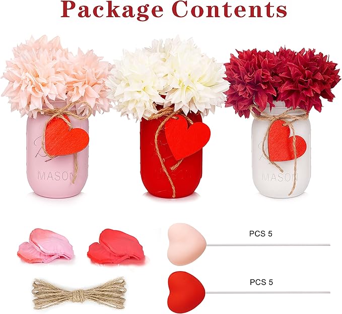 CNVOILA Valentines Table Decorations - 3PC Set with Mason Jars, Centerpiece for Dining Table, Indoor Use